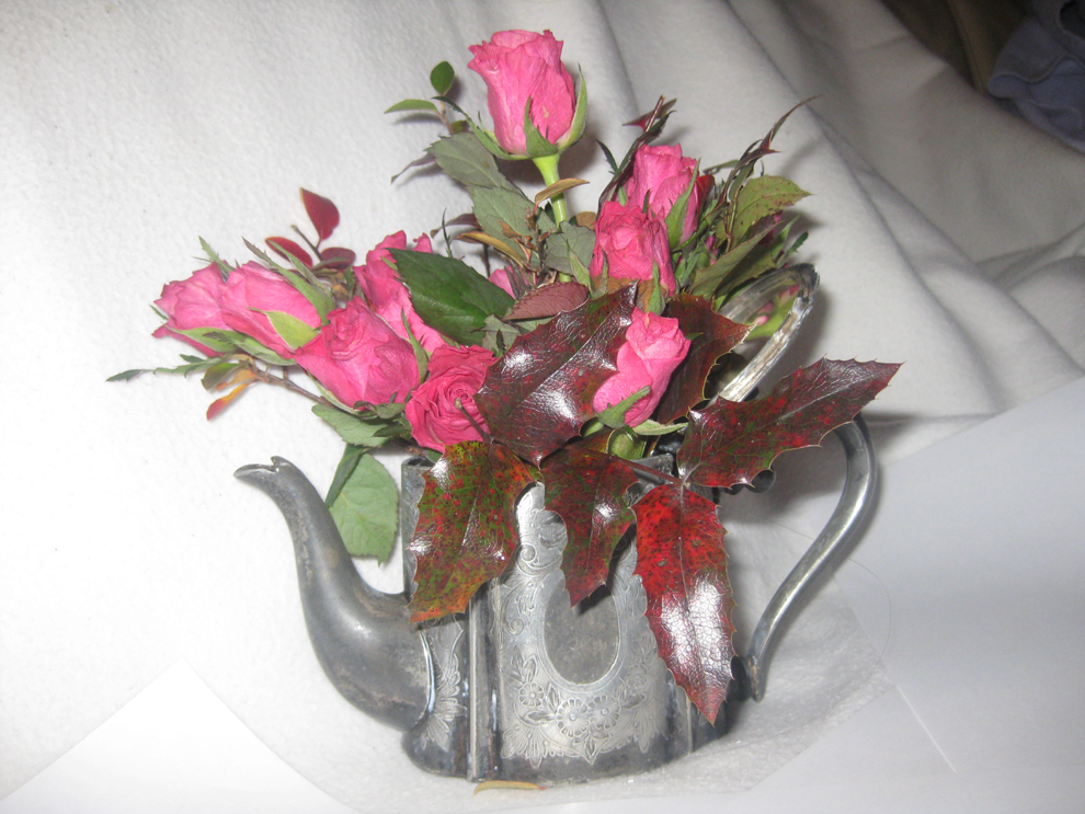 pink roses in vintage teepot by barmarhedhof