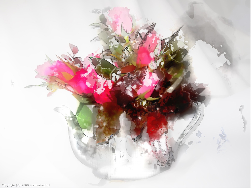 pink roses in vintage teepot by barmarhedhof