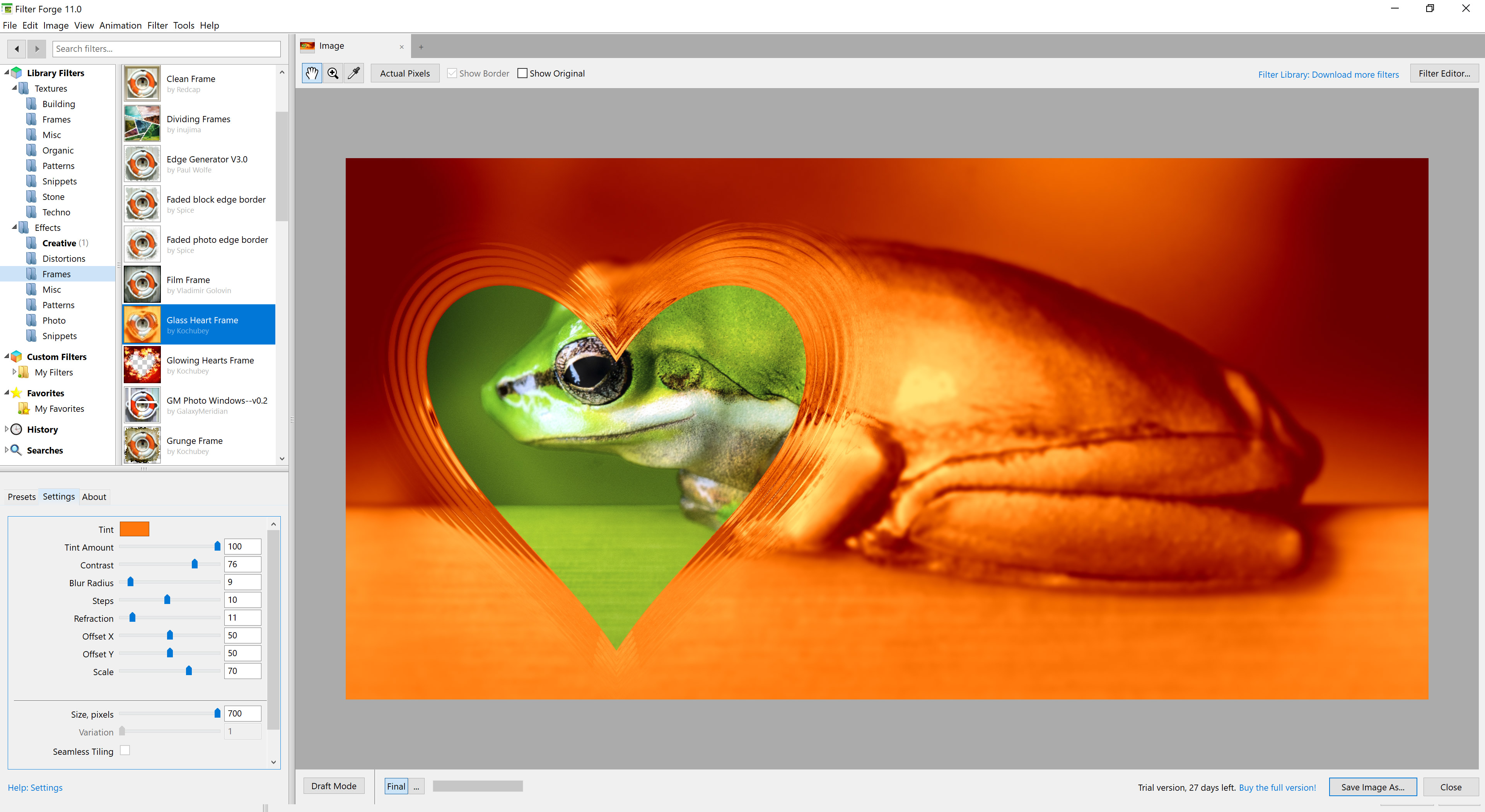 Applying the Glass Heart Frame filter