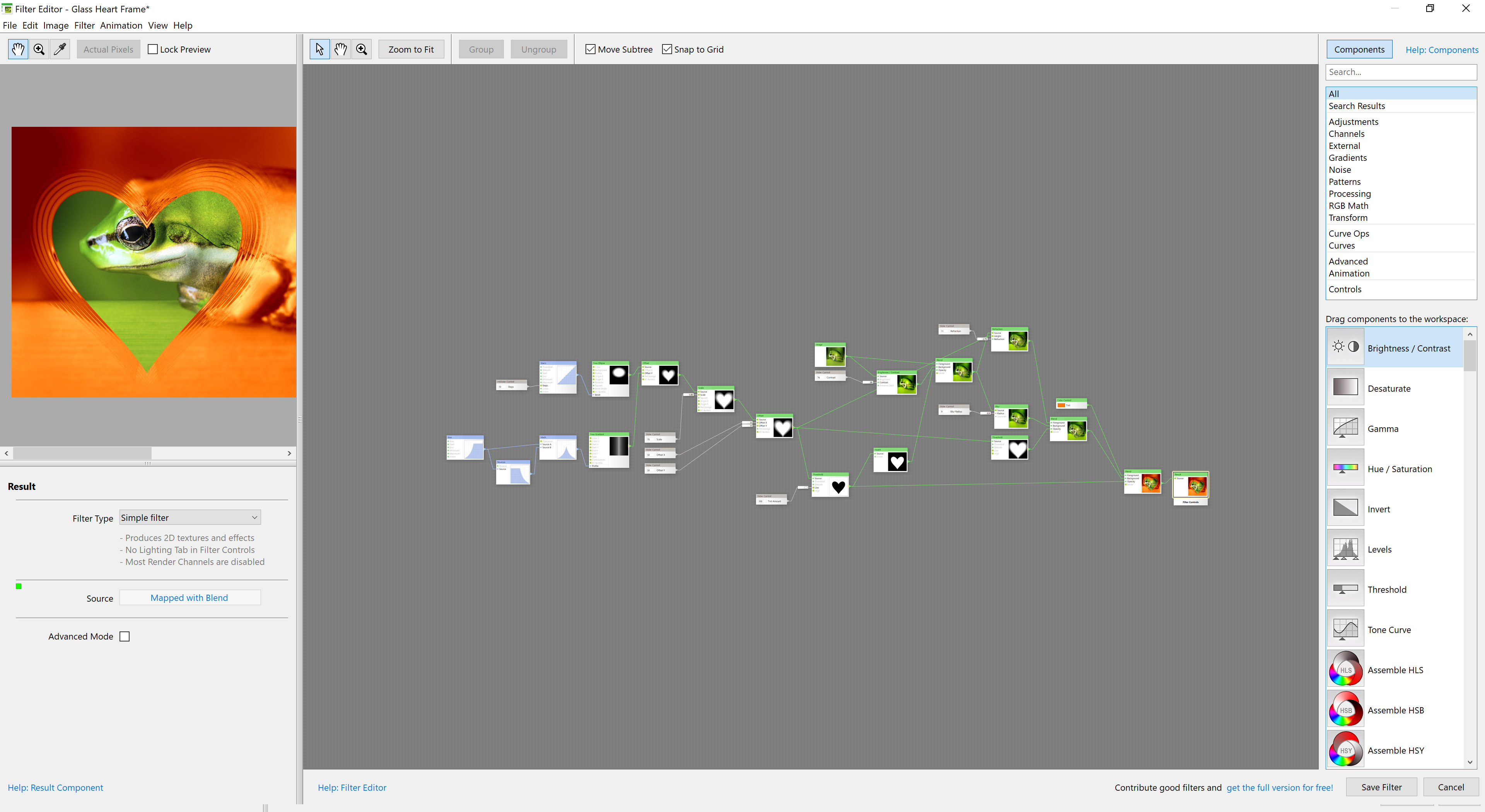 Filter components on the Filter Editor canvas