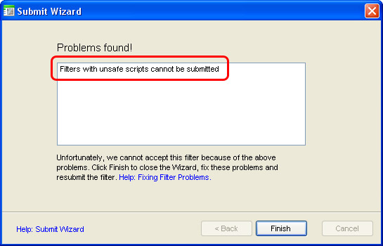 Filters with unsafe scripts cannot be submitted